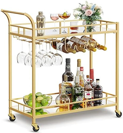 VASAGLE Bar Cart with 2 Mirrored Shelves, Wine Holders, Glass Holders