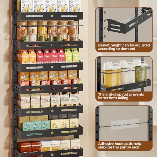 8-Tier Pantry Door Organizer, Large 2 IN 1 Wall Mount or Over The Door Pantry Organizer, Pantry Door Spice Rack with Adjustable Baskets, Over Door Organizer for Kitchen,（72.6×17.1×5.1in,Black)