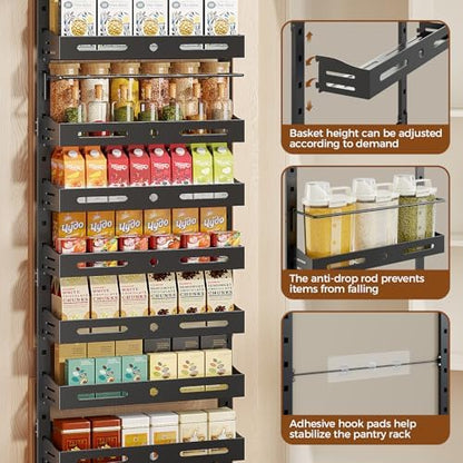 8-Tier Pantry Door Organizer, Large 2 IN 1 Wall Mount or Over The Door Pantry Organizer, Pantry Door Spice Rack with Adjustable Baskets, Over Door Organizer for Kitchen,（72.6×17.1×5.1in,Black)