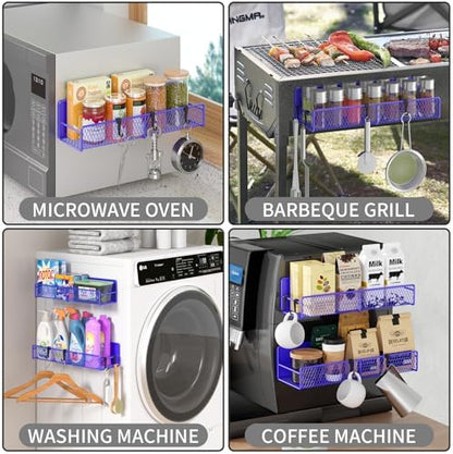 Magnetic Spice Rack for Refrigerator, 2 Pack 100% Metal Strong Magnet Shelf, Space Saving Spice Organizer W/ Hooks, Movable Magnetic Fridge Shelf, Kitchen Home Laundry Storage Organization,Purple Blue