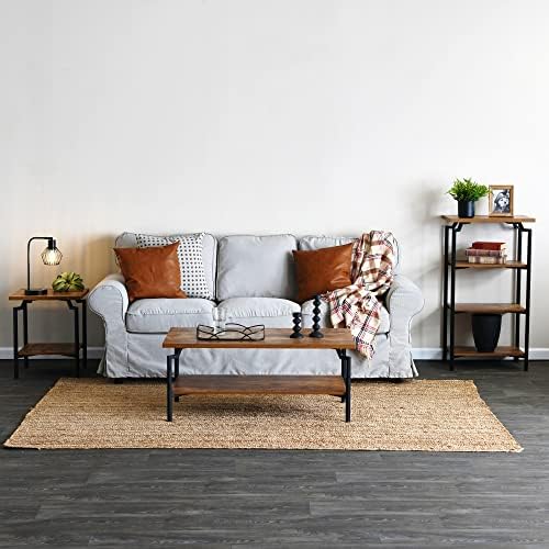 Household Essentials Rustic Hickory Woodgrain Coffee Table with Black Iron Base