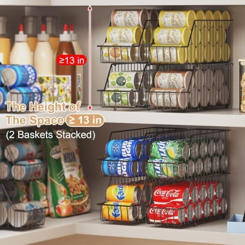 6 Pack Can Storage Organizer for Pantry, Stackble Lengthen Can Holder Rack，Max Can Dispensers & Canned Goods Organizer Baskets For Various Soup Soda Canned Food Drinks, Hold More 66 Cans, Black