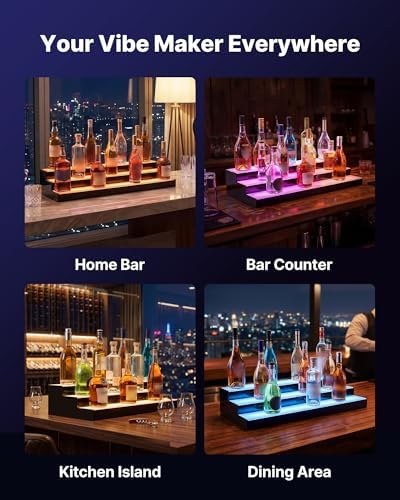 VEVOR LED Lighted Liquor Bottle Display, 3 Tiers 30 inches, Acrylic Illuminated Home Bar Shelf Display with RF Remote & App Control, DIY Setup with Type-C Cables, 9 Static Colors, for 21-30 Bottles