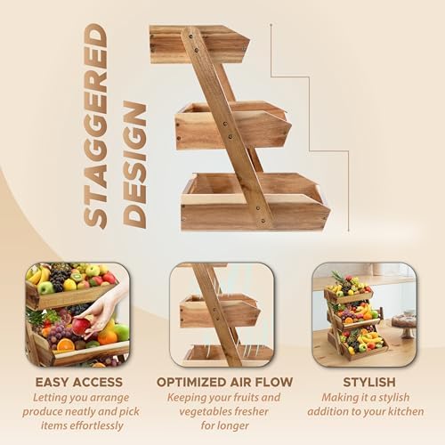 3-Tier Fruit Basket for Kitchen - Durable, Multifunctional, Large Capacity Fruit & Veggie Stand with Snack Organizer