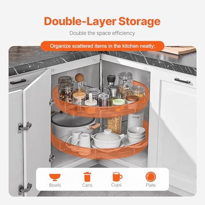 VEVOR 28" Kidney Shaped Chrome Corner Organizer, 360° Rotatble Kitchen Base Cabinet Blind Corner, 2 Tier Height Adjustable Storage Rack, Carbon Steel Lazy Susan Replacement Shelf for Cabinet Corner