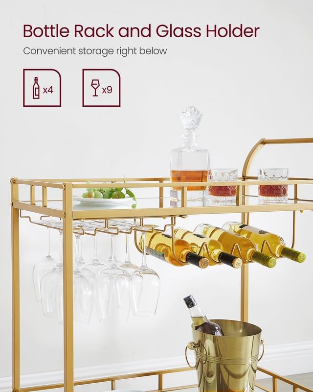 VASAGLE Bar Cart with 2 Mirrored Shelves, Wine Holders, Glass Holders