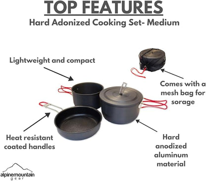 3 Piece Backpacker Hard-Anodized Cook Set - Camping Cookware with Carrying Bag (Made by Caddis Sports, Inc.)
