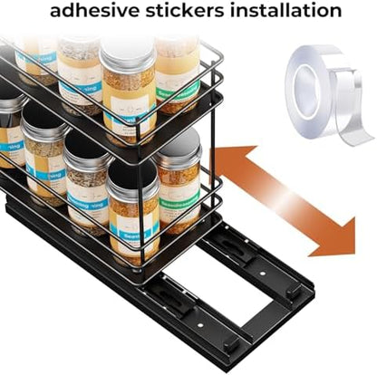 Mystozer Pull Out Spice Rack Organizer for Cabinet, Slide Out Spice Racks, Easy to Install, 4.33" Wx10.43 Dx8.66 H, 1 Drawer 2 Tiers(Black)