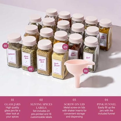 Paris Hilton Glass Spice Jar Storage Set, 4-Ounce Empty Spice Jars with Labels, Shaker Caps and Metal Lids, Collapsible Funnel Included, 20-Piece, Pink