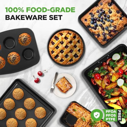 NutriChef 8-Piece Nonstick Stackable Bakeware Set – Non Toxic Carbon Steel Baking Trays W/Cookies Sheet Muffin, Loaf, Cake, Round & Square Pan – Easy To clean & Easy to Release, Oven Safe – Gray