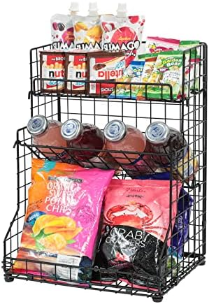 X-cosrack 3-Tier Snack Organizer Rack Bins with Adjustable Tilting Design for Pantry Storage,Metal Wire Snack Holder for Kitchen Bathroom Cabinets Countertops