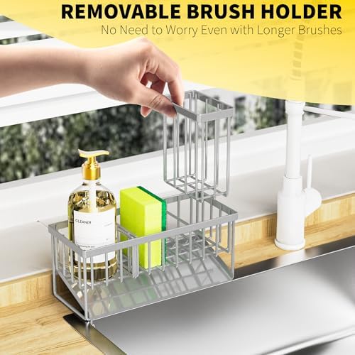 Cisily Sink Caddy Organzier with High Brush Holder, Sponge Holder for Sink, 304 Rustproof Stainless, Kitchen Countertop Soap Dispenser Organizer, Gray Kitchen Decor and Accessories