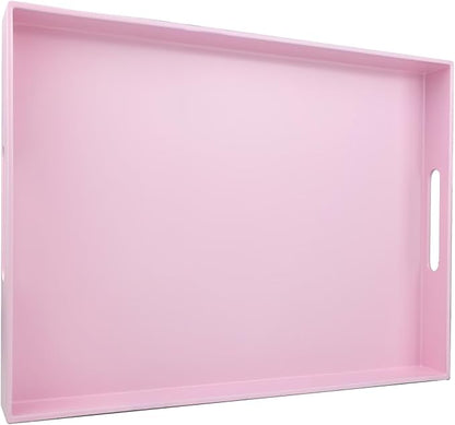 Pink Serving Tray for Coffee Table, Rectangular Plastic Decorative Tray with Handles for Entertaining, Outdoor Patio, Living Room, Ottoman, Bathroom Counter, 11.8”*15.7”*1.6”