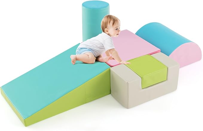 HONEY JOY 6-Piece Climb and Crawl Playset, Soft Climbing Foam Block Activity Play Structure Gym Equipment for Infant Baby, Color Coordination, Waterproof Indoor Climbing Toys for Toddlers (Green)
