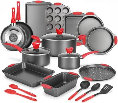 NutriChef 21-Piece Nonstick Cookware Set - PTFE/PFOA/PFOS Free Heat Resistant Lacquer Kitchen Ware Pots Pan w/ Cool-Touch Handles, Saucepan, Fry Pans, Lid, Bakeware, For Gas Electric Ceramic Cooktops
