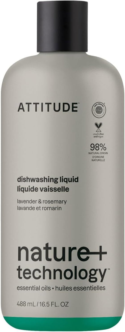 ATTITUDE Dish Soap, Infused with Essential Oils, Plant-Based Ingredients, EWG Verified, Great for Clean and Sparkling Dishes, Vegan Dishwashing Liquid, Lavender & Rosemary, 16.5 Fl Oz