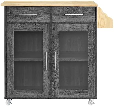 Modway Cuisine Rolling Kitchen Cart with Storage in Charcoal Natural - Portable Island for Kitchen with Spice Rack, Perfect as a Coffee Bar Cabinet, Butcher Block Island or Kitchen Island on Wheels