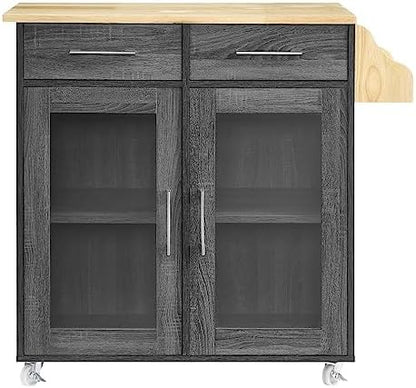 Modway Cuisine Rolling Kitchen Cart with Storage in Charcoal Natural - Portable Island for Kitchen with Spice Rack, Perfect as a Coffee Bar Cabinet, Butcher Block Island or Kitchen Island on Wheels