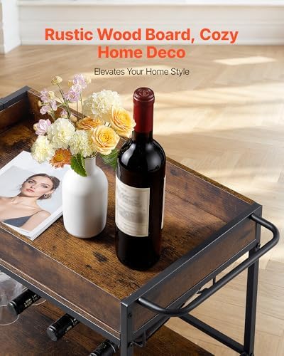VEVOR Bar Cart with Wheels, 3-Tier Rolling Serving Cart, 26.77-Inch Beverage Station with Wine Rack, Glass Holder and S Hooks for Home Kitchen, Rustic Brown and Black