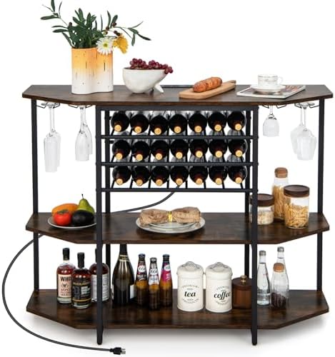 COSTWAY Wine Bar Cabinet, 3-Tier Liquor Cabinet with Power Outlets, Wine Bottle Racks, Glass Holders, Coffee Bar Cabinet, Freestanding Mini Bar Table for Kitchen, Dining Room, Pub (Rustic Brown)