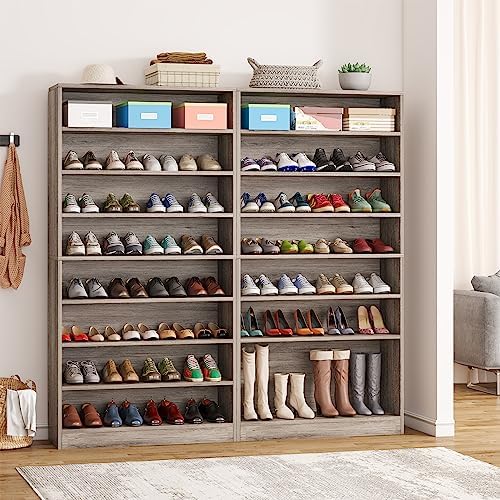 Tribesigns Tall Shoe Cabinet, 9 Tiers 40-45 Pairs Heavy Duty Wood Freestanding Shoe Storage Cabinet, 70.8'' Tall Shoe Cabinet with Open Storage for Entryway (1, Beige Gray)
