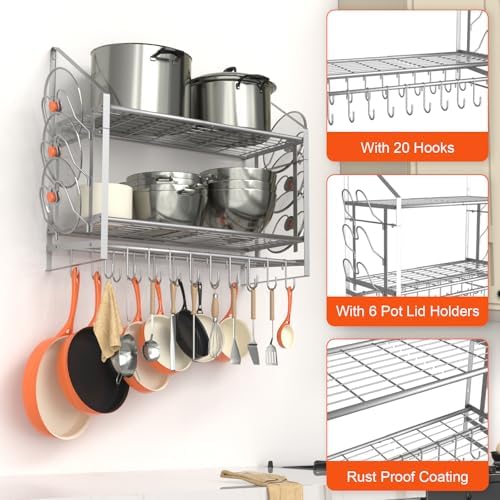 VyGrow 28 Inch Pot Rack Wall Mounted, 2 Tier Pots and Pans Organizer with 20 Hooks and 6 Pot Lid Holders, Heavy Duty Steel Pot and Pan Hanger for Kitchen Cookware Utensils Storage, Silver