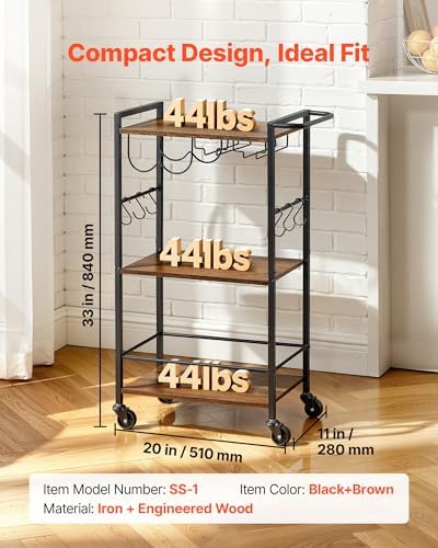 VEVOR Bar Cart with Wheels, Small Narrow 3-Tier Rolling Serving Cart, 20.08-Inch Beverage Station with Wine Rack, Glass Holder and S Hooks for Small Spaces, Rustic Brown and Black