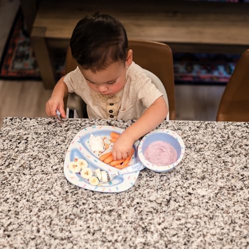 The First Years Bluey 4-Piece Place Setting - BPA Free Dishwasher Safe Toddler Dinnerware Set with Divided Plate, Bowl, Fork, Spoon - Multicolor