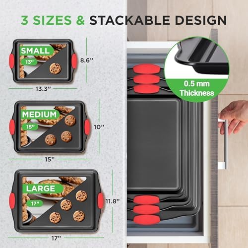NutriChef Nonstick Cookie Sheets – Carbon Steel Baking Sheet Set with Non Stick Coating & Red Silicone Handles – Oven Pans for Family Baking 3-Piece Set (Pack of 10)
