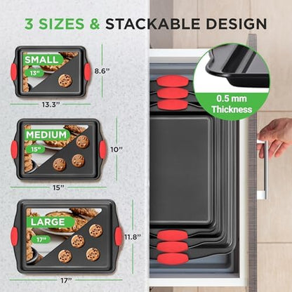 NutriChef Nonstick Cookie Sheets – Carbon Steel Baking Sheet Set with Non Stick Coating & Red Silicone Handles – Oven Pans for Family Baking 3-Piece Set (Pack of 10)
