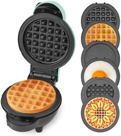 Dash MultiMaker® Mini Maker System - Compact Waffle Maker for Family Breakfasts - Removable Griddle Plates & nonstick surface - 6 Plates & Storage Case - Aqua