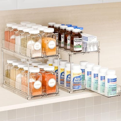 Yieach 2 Tier Sliding Spice Racks for Cabinets,2 Pack 10.4'' Deep Narrow Vertical Spice Rack Pull Out for Inside Cabinets,Kitchen,Pantry,Cupboard Seasoning,Jar Organizer and Medicine Cabinet Storage