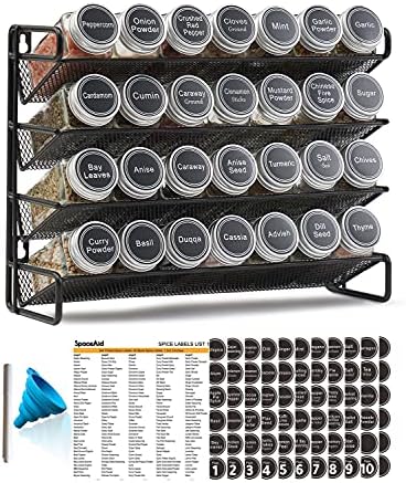 SpaceAid Spice Rack Organizer with 28 Spice Jars, 386 Spice Labels, Chalk Marker and Funnel Set for Cabinet, Countertop, Pantry, Cupboard or Door & Wall Mount - 28 Jars, 13.4" W × 10.8" H, Black