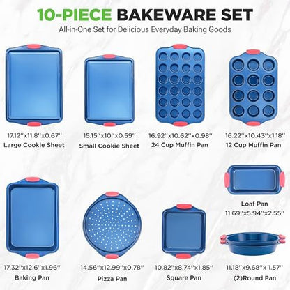 NutriChef 10-Piece Nonstick Bakeware Set - Deluxe Carbon Steel with Blue Silicone Coating, Red Handles, Professional Grade Kitchen Essentials, Ideal for Baking Cakes, Cookies, and More (Blue)
