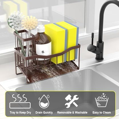 Fssvcd Maifan Sink Caddy Sponge Holder for Kitchen with Brush Holder and Stainless Steel Self Drain Tray, Rustproof Kitchen Sink Organizer for Sponge, Soap Dispenser Storage Accessories