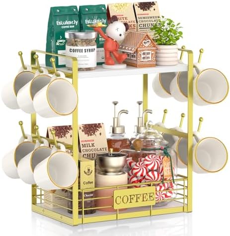 EsLuker.ly Coffee Mug Cup Holder Tree Bar Station Organizer, 2 Tier Gold