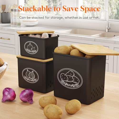 Lifewit Plastic Potato and Onion Storage Bin Box, Set of 3, Black