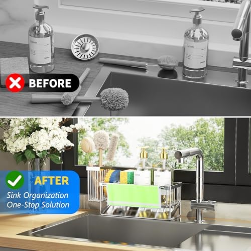 Cisily Kitchen Sink Caddy Organzier with High Brush Holder, Sponge Holder for Sink, 304 Rustproof Stainless, Kitchen Countertop Soap Dispenser Organizer (Silver With Towel Rack, 9.25″)