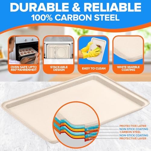 Emporio Kitchen Stackable Baking Pan Set - Nonstick White Marble Coating, Carbon Steel Bakeware Sets, PFOA, PFOS, PTFE Free, Recipe Booklet Included, Oven Safe Tray (Up To 450° F), Set of 10 - White