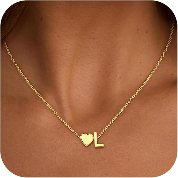 Gold Initial Necklaces for Women Girls - 18K Gold Plated Heart Initial Pendant Necklace Dainty Heart Necklace Tiny Gold Letter Necklace for Women Girls Jewelry Gifts