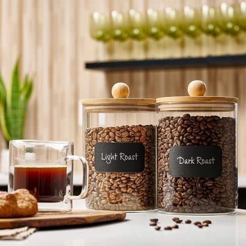 Le'raze Set of 2 Glass Canisters for Kitchen Counter with Airtight Bamboo Lids + Marker & Labels - 68oz. Large Cookie Jars Wooden Lid, Food Storage Containers Pantry, Flour, Sugar, Pasta, Candy.
