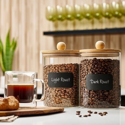 Le'raze Set of 2 Glass Canisters for Kitchen Counter with Airtight Bamboo Lids + Marker & Labels - 68oz. Large Cookie Jars Wooden Lid, Food Storage Containers Pantry, Flour, Sugar, Pasta, Candy.