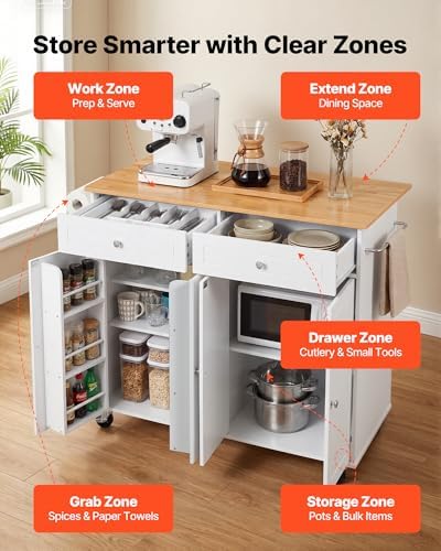 VEVOR Kitchen Island Cart with Storage, 42.36 in Wide Island Table for Kitchen, with 2 Drawers, Storage Cabinet, Table for Home Dining Room, White