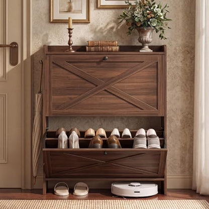 VASAGLE Narrow Shoe Storage Cabinet Organizer with 2 Flip Drawers