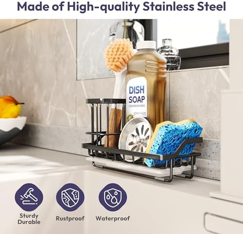SWTYMIKI Sink Caddy Sponge Holder - Kitchen Sink Organizer with High Brush Holder for Countertop to Hold Dish Soaps and Sponges, Stainless Steel, Black (Pack of 2)