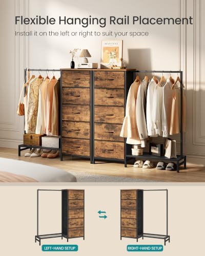 SONGMICS Dresser with Hanging Rod, 5 Fabric Drawers, Bottom Shelf