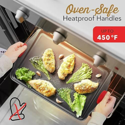 Eatex Nonstick Baking Sheet Set, 3-Piece Baking Pans Set with Silicone Handles, Carbon Steel Cookie Sheets for Baking, Commercial Grade Quality Oven Tray, Quarter/Jelly Roll/Half Sheet Pans for Baking