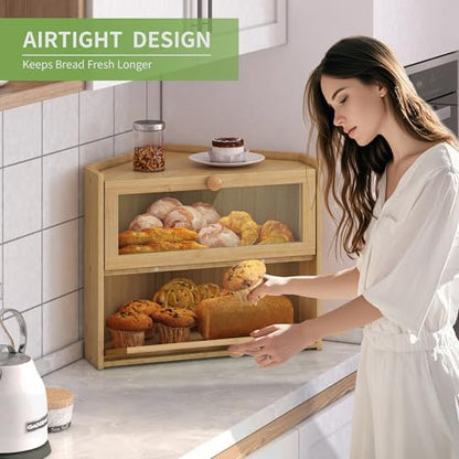 JANSNIMEN Corner Bread Box for Kitchen Countertop Bamboo Bread Holder
