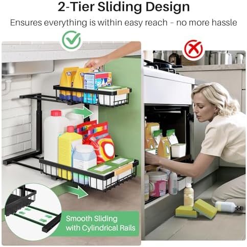Kitstorack Under Sink Organizer, 2 Tier Under the Sink Storage, Slide out Pull out Cabinet Organizer Shelf, Metal Sliding Drawer for Kitchen Bathroom Pantry Closet Organization Rack, Black, 1 Pack