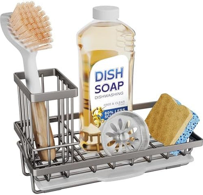 SWTYMIKI Sink Caddy Sponge Holder - Kitchen Sink Organizer with High Brush Holder for Countertop to Hold Dish Soaps and Sponges, Stainless Steel, Sand Nickel